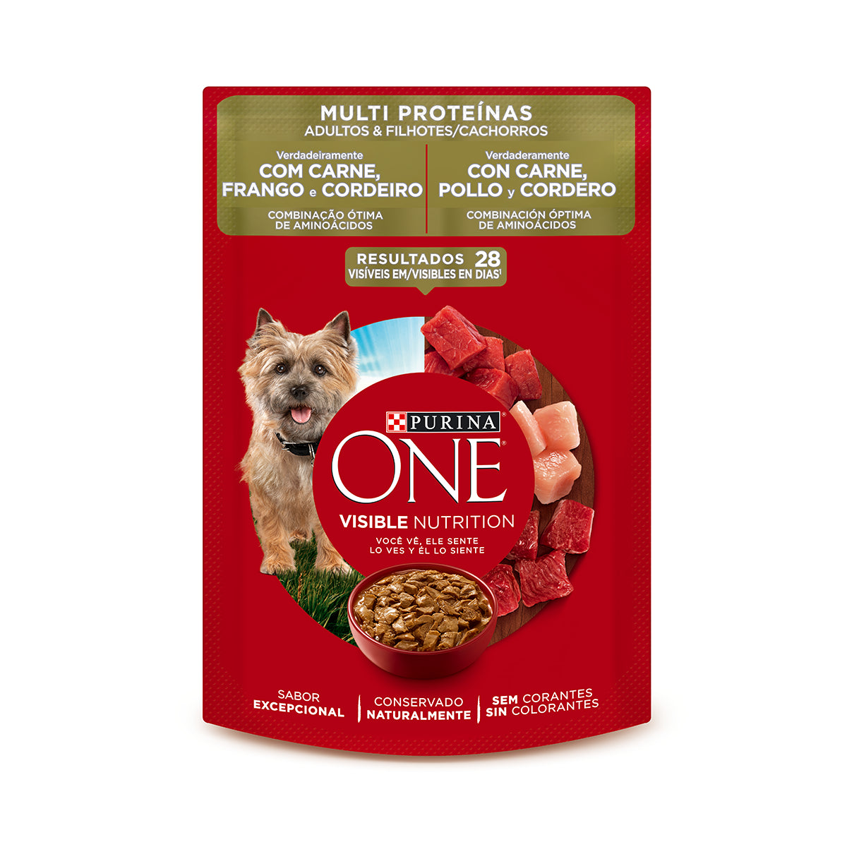 Purina One Pouch Multi Proteína Perros Adultos y Cachorros con Carne, Pollo y Cordero 85g