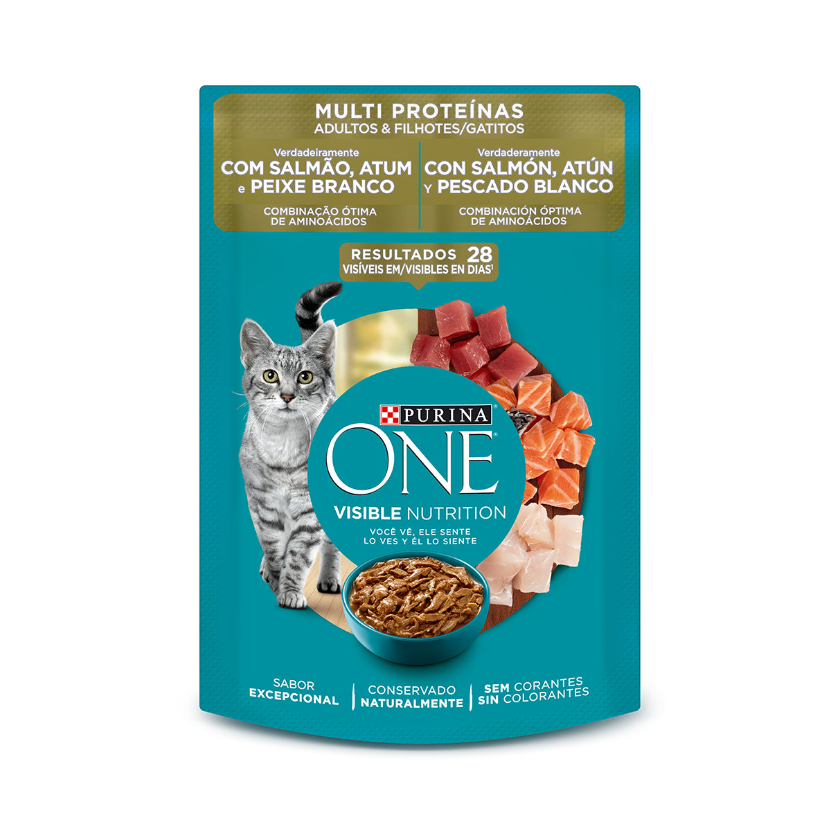 Purina One Pouch Multi Proteína Gatos Adultos y Gatitos con Salmón, Atún y Pescado Blanco 85g