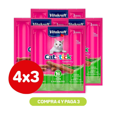 Pack 4×3 Vitakraft Cat Stick Healthy Pollo Y Hierba Gatera 18gr
