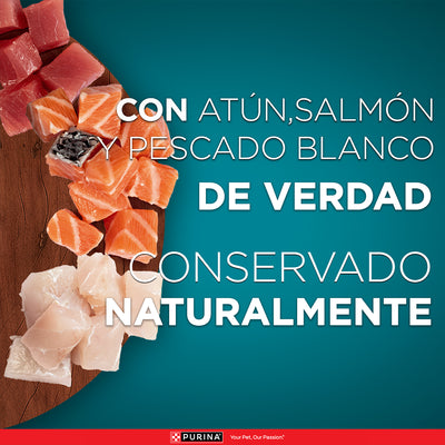 Purina One Pouch Multi Proteína Gatos Adultos y Gatitos con Salmón, Atún y Pescado Blanco 85g