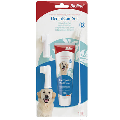 Bioline Set Cuidado Dental Perros - Crema carne, cepillo, cepillo dedo