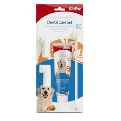 Bioline Set Cuidado Dental Perros - Crema Pollo, cepillo, cepillo dedo