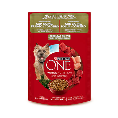 Purina One Pouch Multi Proteína Perros Adultos y Cachorros con Carne, Pollo y Cordero 85g