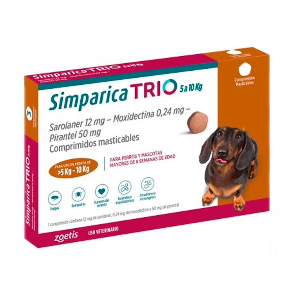 Simparica Trio Zoetis Antiparasitario Externo e Interno Perros 5K - 10K